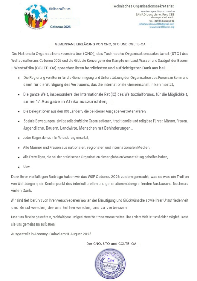 Abschiedsbrief des lokalen Organsiationskomittees des WSF 2026